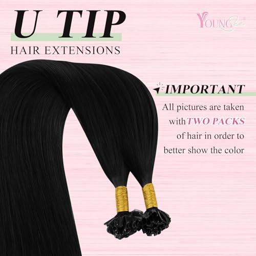 Image of YoungSee U tip Hair Extensions Black U Tip Hair Extensions Human Hair Jet Black 16 Inch Keratin Tip Extension Real Human Hair Silky Smooth Texture 1g /s 50s /50g for School