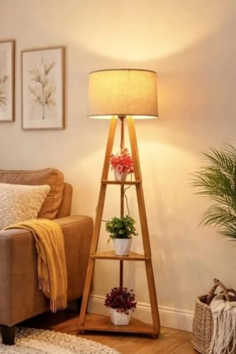 Image of Creeper Modern Wooden Tripod Floor Lamp with Fabric Linen Shade