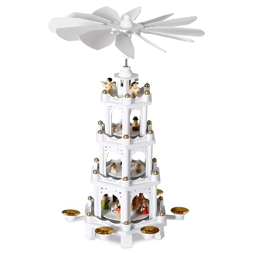 Spielwerk Pyramide de Noël en Bois véritable Blanc Peint à la Main 12 hélices 6 bougeoirs décoratifs Figurines 4 étages noël Personnage de Noël fête