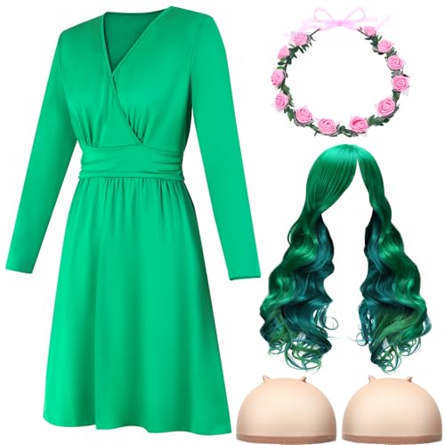 Skicuff 5 Pcs Halloween Mother Nature Costume Accessories Long Green Wig Dress Flower Crown Mother Earth Outfits for Women(L)