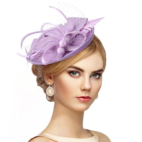 Zinniday Small Tea Party Hat - 1920s 50s Light Purple Elegant Vintage Derby Fascinators 2026 Feather Kentucky Hat Mini Church Victoria Fascinator for Lady Women Girl Renaissance Masquerade Dress Up