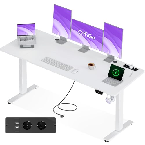 OffiGo Höhenverstellbarer Schreibtisch, 200x80cm Elektrischer Schreibtisch mit Steckdosen und USB Ladeanschluss, Tisch Höhenverstellbar mit 2 Memory Funktion, Computertisch für Büro, Zuhause, Weiß