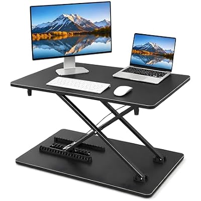 biueus Ultra-Slim Standing Desk Converter, 25.16 x 15.75 Compact Height Adjustable Desk Riser for Standing, Sit Stand Desktop Converter for Monitor or Laptop, No Assembly, Black