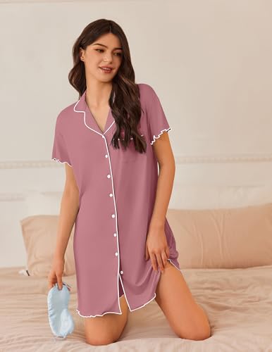 Image of Ekouaer Nightgowns for Women Button Down Sleep Shirt Short Sleeve NightShirts Boyfriend Sleepdress Soft Pajama Dress