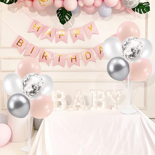 Image of ZJDHPTY 4Set Silver Pink Balloon Stand Girl Baby Shower Decorations | Table Balloon Centerpiece for Girls 1st Sweet 16 Birthday Bridal Shower Engagement Wedding Bachelorette Party Decor