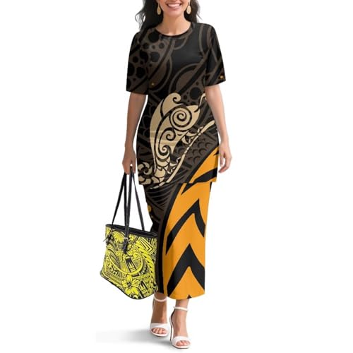 Image of Polynesian Dress for Women Short Sleeve High Waist Maxi Skirt | Puletasi dress, t-shirt and skirt two-piece, elastic material, lightweight, soft, plus size, luau party, wedding, clubwear