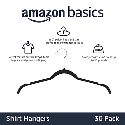 Amazon Basics Slim, Velvet, Non-Slip Shirt Clothes Hangers, Pack of 30, Black - Image 3
