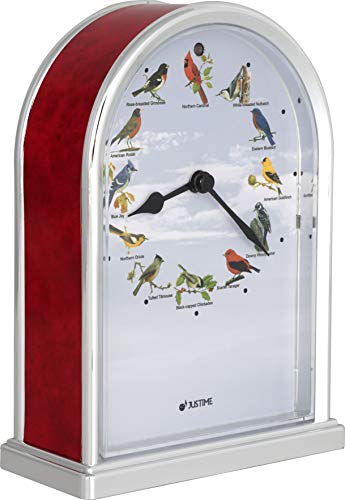 JUSTIME 7.5 inch Tall Northern Cardinal Lovely Collection Plays 12 Popular Bird's Songs Table Clock Home Deco Multi-Color Unique Gift Selection, Red & Silver