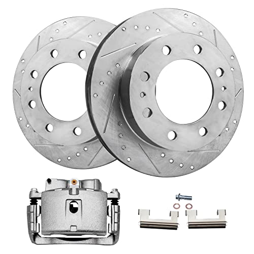 Image of Detroit Axle - Front Brake Kit for Silverado Sierra Express Savana | Yukon XL 2500 3500 Cadillac DeVille Hummer H2, Drilled & Slotted Disc Brake Rotors Brake Caliper Replacement