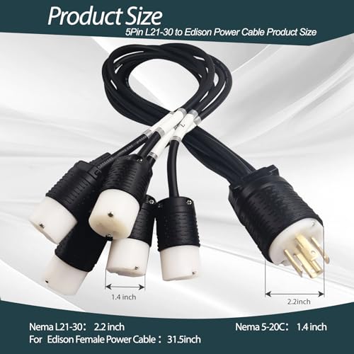 5Pin L21-30 Male to Edison Female Power Cable for Power Distro, L21-30 Power Distro Cord Applicable for Lighting/Stage/Audio/DJ, 3.5FT with UL Qualified Product by ZGTools - Image 2