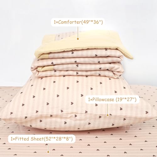 Image of Hooyax Muslin Toddler Bedding Set for Girls - 3 Piece Crib & Kids Bed Set with Fitted Sheet, Quilt and Pillowcase, Breathable & Soft Bedding with Romantic Heart Print