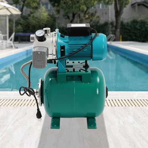 LOHISHILO 1HP Shallow Well Pump with Pressure Tank, 3420 r/min Irrigation Jet Pump with 6.34-Gal Pressure Tank Automatic Booster System for Home, Farm, Pool, Maximum Head 147.64ft, 110V Green
