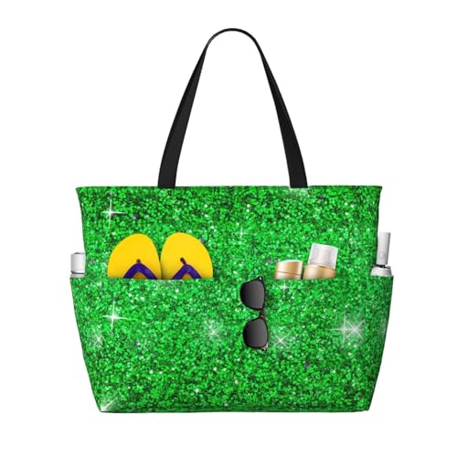 Glitter Green Large Capacity Travel Bag Lightweight Shopping Handbag Beach Tote Bags Casual Work Bag For Women