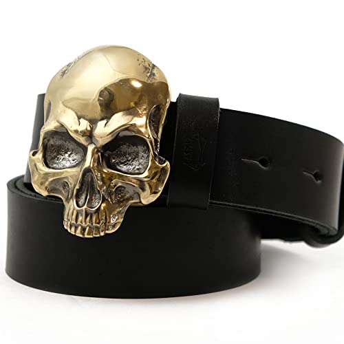 Leather belt with solid brass buckle SKULL, Human skull belt buckle on casual leather belt 1.5 or 1.8 inches4