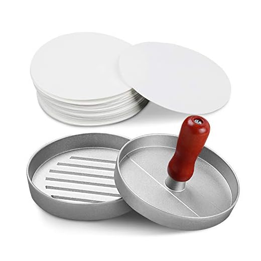 Arcedo Non Stick Burger Press with Wood Handle, Aluminum Hamburger Patty Maker, Meat Masher for Beef, Pork and More, Burger Mold, Barbecue Grilling Accessories, Kitchen Tool, Includes 100 Patty Papers