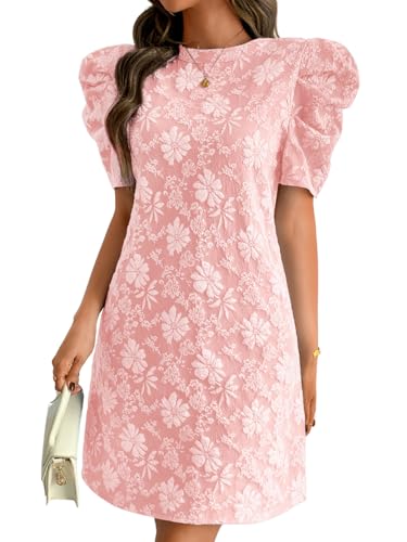 ChiaoLezhee Women's Elegant Floral Jacquard Puff Sleeve Lightweight Short Shift Dress Summer Casual Outfits, Crew Neck Semi Formal Cute Wedding Guest Engagement Tea Garden Party,Pink,X-Large