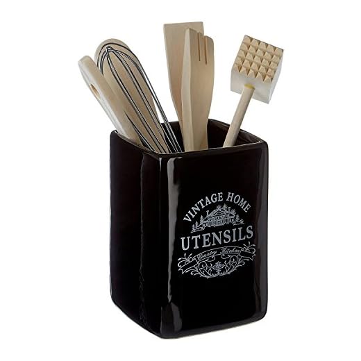 Premier Housewares - Utensilios de Cocina con Soporte Cuadrado, (Estilo Antiguo), Color Negro con Texto en Ingles, cerámica - Gama Vintage Home
