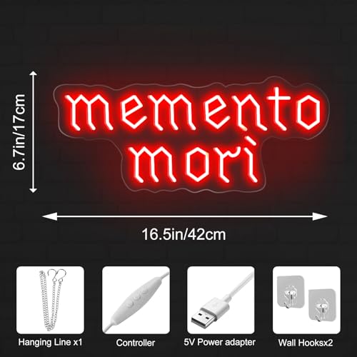 Image of Memento Mori Neon Sign, Red Stoic Wall Art, Gothic LED Light, Creepy Halloween Decor, Gothic Decoration, Satanic Witch Decor, 16.5 inchx6.7 inch