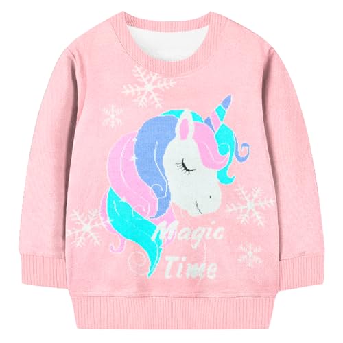 Image of Girls Unicorn Sweaters Kids Long Sleeve Cable Knit Sweater Chunky Pullover Jumper Fall Winter Pink