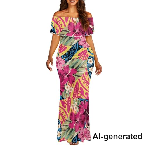 Image of Polynesian Dresses for Women Off Shoulder Maxi Dress Puletasi Samoan Dresses S-7XL