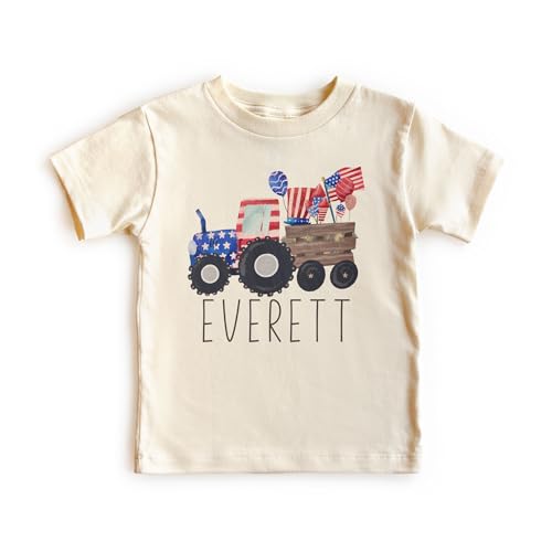 Personalized 4th Of July Tractor Shirt For Kids - Custom Name Monogram Farm Tractor American Flag Outfit - Toddler & Youth Boho Natural Kids Shirts