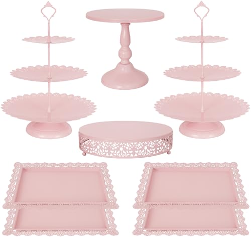 Fivenl 8 Pcs Cake Stand Pink Metal Dessert Table Display Set, 3-Tier Cupcake Stand, Cake Display Tower and Cookie Tray Rack Serving Tray for Birthday Party, Weddings, Baby Shower (Pink)