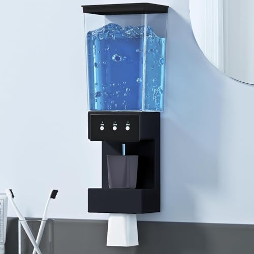 Wovazus Mouthwash Dispenser for Bathroom, Bathroom Accessories 26 Fl Oz Mouthwash Dispensers with Magnetic Cups, 3 Adjustable Dispensing Levels for All Age Groups Black