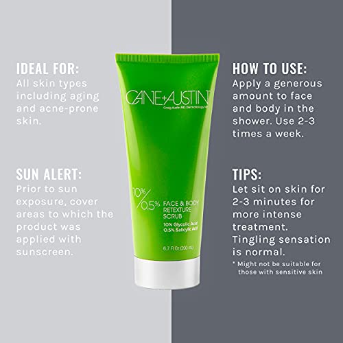 Cane + Austin Face + Body Glycolic Acid Scrub Treatment, Exfoliating Cleanser With Aha To Hydrate, Smooth & Clarify Skin, For Use On Combination And Oily Skin, 6.7 Fluid Ounce #TOP1
