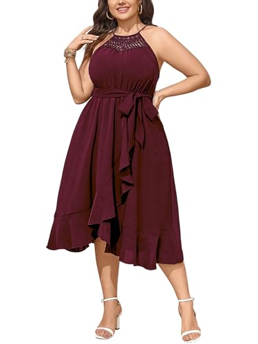 SCOMCHIC Womens Plus Size Summer Dresses Sleeveless Halter Neck A Line High Low Split Ruffle Long Dress with Belt