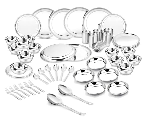 Image of Classic Essentials Stainless Steel Dinner Set | Heavy Gauge Stainless Steel Dinner Set | Kitchen Set for Home | Shagun Set /Bartan Set | Plain Design, Set of 50