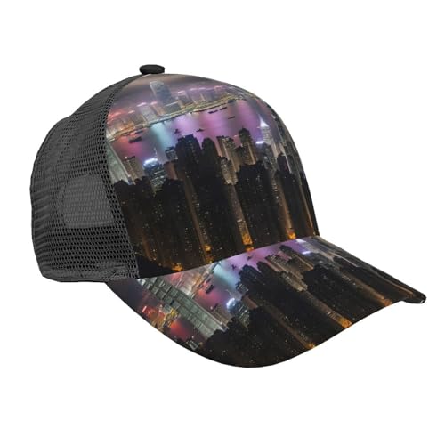 BREAUX Cappellino da baseball con stampa serie tribù dell'antico Egitto, berretto da baseball in maglia a tesa curva, berretto da baseball regolabile in rete, Notte aerea di vista Hong Kong1, taglia