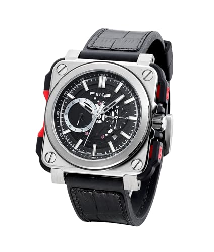 FEICE Men~'s Automatic Watch Mechanical Calendar Mens Wristwatch Sport Luminous Clock Watches 10ATM Waterproof Square Wrist Watches Leather Strap FM507, Black