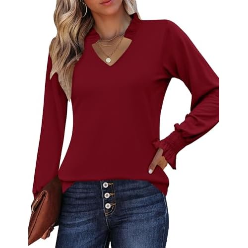 Kistore Long Sleeve Shirts for Women Pleated Cuffs Dressy Business Casual Blouses 2025 Trendy Puff V Neck Tunic Tops