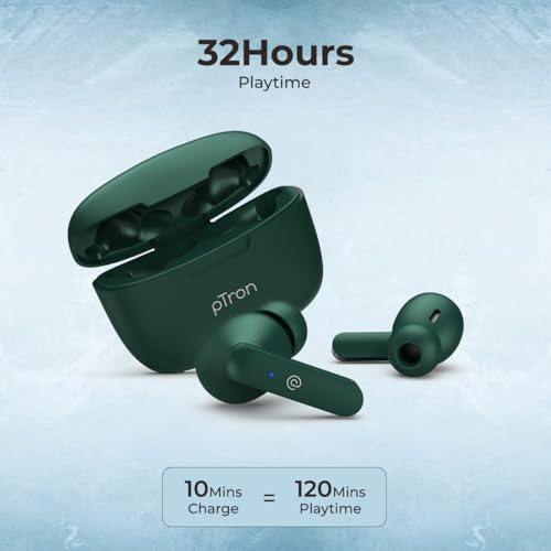 Image of pTron Basspods P81 in-Ear Wireless Earbuds, Pristine Sound, 32Hrs Playtime, Clear Calls TWS Earbuds, Bluetooth V5.1 Headphone, Type-C Fast Charging, Voice Assist & IPX4 Water Resistant (Green)