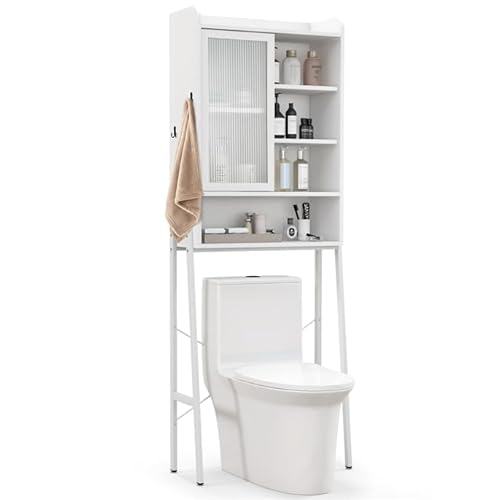 GIANTEX Badezimmerregal über WC, Regal mit Schiebetür, 3 höhenverstellbare Einlegeböden, Badezimmerschrank mit 2 Kippschutzvorrichtungen und 2 Haken (weiß)