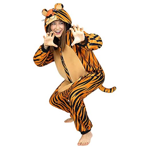 Funidelia | Disfraz de Tigre Onesie para Hombre y Mujer Talla XL Animales, Desierto, Selva - Color: Naranja - Divertidos Disfraces y complementos para Carnaval y Halloween