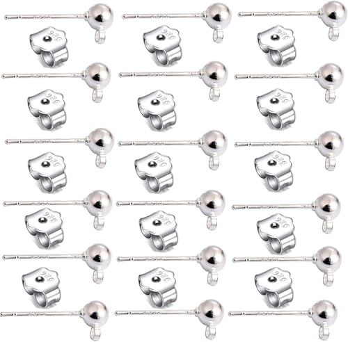 20 PCS DIY 925 Sterling Silver Plated Ball Earring Studs with Loop, Hypoallergenic Ball Post Earrings with 50 PCS 925 Sterling Silver Earring Backs for Earring Making Findings