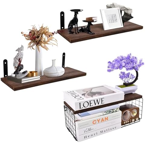 HOUSEEN Floating Shelves with Metal Basket Cover