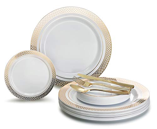 " OCCASIONS " 125pcs set (25 Guests)-Wedding Plastic Plates & cutlery -Disposable heavyweight Dinnerware 10.5'', 6.25'' + Gold Silverware (Celebration White & Gold)