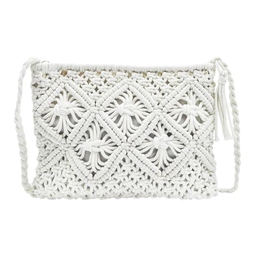 Sacs À Main En Paille Blanche Blanc Femme Petit Sac Bandoulière Tissé Pochette De Plage D'Été Tissée À La Main Sac À Main En Paille Avec Pompons Pour...