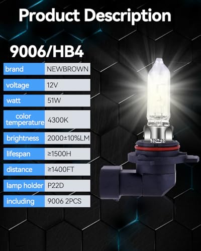 Image of NEWBROWN 9006 HB4 Headlight Bulbs 200% brightness 4300K White 12V /51W HB4 9006 Bulb Halogen Long Life Replacement P22D (9006 /HB4, 2 Pack)