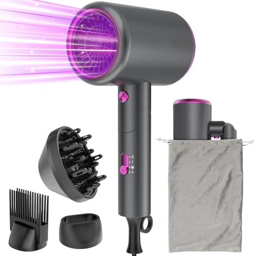 Oxsaytee hair dryer 2400W Professional Salon Mini Size Hair Blow Dryer with Diffuser Low Noise Storage Bag Bow Dryer for Curly Hair Fast Drying For Home Salon Travel (grey)