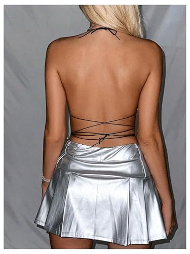 SHENHE Women's Sparkly Rhinestone Backless Halter Top Draped Strappy Party Club Rave Outfits2