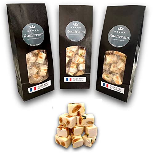 Nougat de Montélimar Artisanal tendre - 3 sachets de 200g - cuit au chaudron en cuivre - confiserie traditionnel d'antan - bonbon miel gourmandise sucré amande - idée cadeau Cover