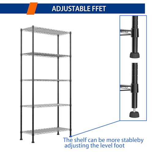 Image of REGILLER 5-Wire Shelving Metal Storage Rack Adjustable Shelves,Standing Storage Shelf Units for Laundry Bathroom Kitchen Pantry Closet(Black,14.1 inch D x 30 inch W x 79 inch H)