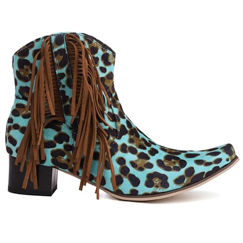 Caradise Womens Tassel Fringe Cowboy Boots Faux Suede Chunky High Heel Ankle Boots4