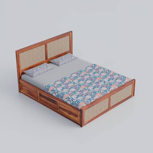 Image of DRIFTINGWOOD Amber Solid Sheesham Wood King Size Bed with Box Storage | Rattan Cane Headboard & Footboard Wooden Bed for Bedroom | Honey Finish (Self Assembly Required)