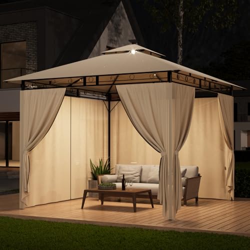 TRIUMPHKEY Pavillon 3x3 Wasserdicht Stabil Winterfest,Garten Pavillion,Plane Gartenpavillon,Metallrahmen Pavillon,Patio Gazebo,Beige