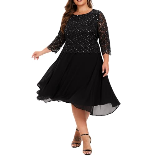 Women's Plus Size Tea Length Sequin Lace Dress Mother Gifts Special Occasion Wedding Party Dresses
