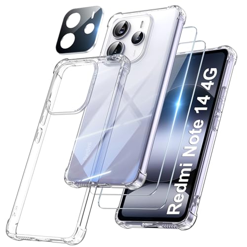 FLLAO 4 en 1 Funda para Xiaomi Redmi Note 14 4G con 2 Protector Pantalla y 1 Protector Lente Cámara, [Almohadilla de Aire integrada] Antigolpes Antiarañazos Antichoque Carcasa, Transparente